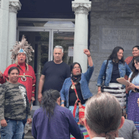 Some of the members of the Akwesasne 8 along with Indigenous supporters from outside of the community. (Photo by Akwesasne community member Demetri Lafrance)