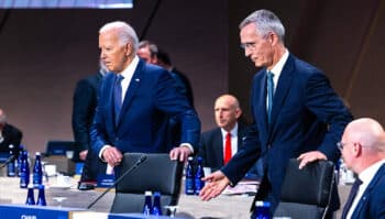 Left to right US President Joe Biden with NATO Secretary General Jens Stoltenberg at NATO summit NATO