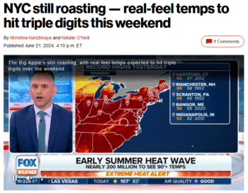 This New York Post story 62124 had no mention of climate change but it did have Fox Weather meteorologist Stephen McClouds reassurance that its not record breaking heat