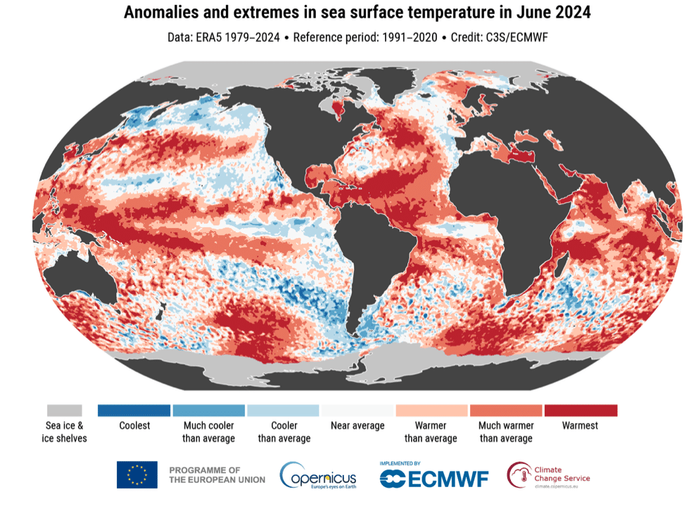 | Anomalies and extremes in sea surface temperature for June 2024 Colour categories refer to the percentiles of the temperature distributions for the 19912020 reference period The extreme Coolest and Warmest categories are based on rankings for the period 19792024 Values are calculated only for the ice free oceans Areas covered with sea ice and ice shelves in June 2024 are shown in light grey Data source ERA5 Credit Copernicus Climate Change ServiceECMWF | MR Online