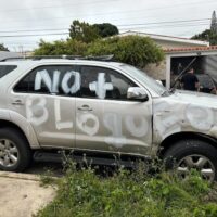  | SUV painted with a caption that reads No + Bloqueo no more blockade presented by far right politician María Corina Machado as evidence of an alleged attempt against her in Barquisimeto Lara state on Thursday July 18 2024 Photo Vente Venezuela | MR Online