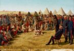 “The Surrender of Poundmaker to Major-General Middleton at Battleford, Saskatchewan, on May 26, 1885.” Painting by Robert William Rutherford. Library and Archives Canada, Acc. No. 1991-274-2.