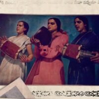 Mahankali Parvati (left), Moturu Udayam (middle), and Chintala Koteshwaramma (right) perform an anti-war song during World War II with the group they led, Burrakatha Squad. Credit: Praja Natya Mandali Photography Archives