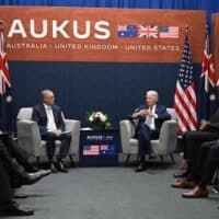 | US President Joe Biden right meets with Australian Prime Minister Anthony Albanese left during the AUKUS summit at Naval Base Point Loma in San Diego California on 13 March 2023 Image RNZ PacificJim WatsonAFP | MR Online