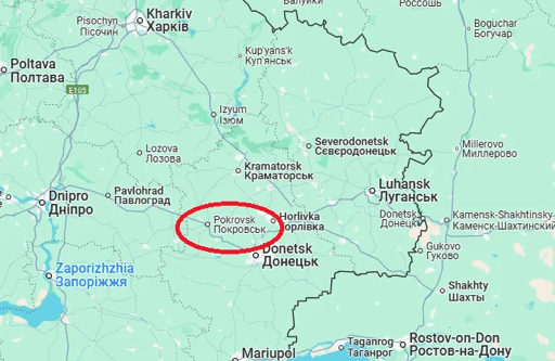 Located 66 kilometres northwest of Donetsk the centre of Pokrovsk district and the city are located near the administrative border of the Dnipropetrovsk region of Ukraine Together with the cities of Dobropolye Mirnograd Dymytrov Novogrodovka Selidovo and the smaller settlements adjacent to them they form the Pokrovsky urban agglomeration within the Pokrovsky district According to Ukrstat as of January 2022 the population of Pokrovsk was 60127 In the middle of 2024 according to the statements of the city authorities approximately 53000 58000 were living there According to the last state census of 2001 the main ethnic groups were Ukrainians 7504 and Russians 2209 At the same time Russian 5984 and Ukrainian 3939 prevailed linguistically In addition to serving as a major railway junction the M30 E50 Pokrovsk  Karlovka Donetsk highway passes through the city as well as the T 0504 H 32 Pokrovsk  Konstantinovka the T 0515 Alexandrovka  PokrovskKostayantynopil and the T 0406 Grigorovka Mezhevaya Pokrovsk highways