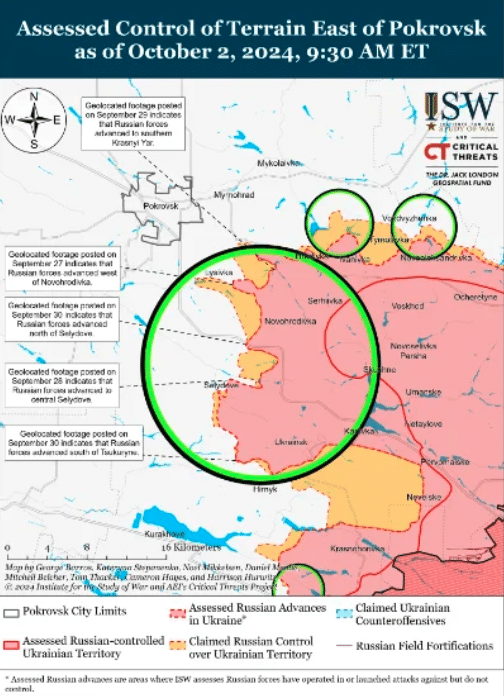 The leading edge of the Russian armys westward advance on Pokrovsk is shown on this weeks Washington think tank map as less than 5 kilometres from the outskirts of the city click on source to enlarge The sources for the map are reports by Russian military bloggers Boris Rozhin Colonel Cassad Mikhail Zvinchuk Rybar and Semyon Pegov WarGonzo For a review of their accuracy read this The strategic military importance of Pokrovsk is as a supply hub for the Ukrainian forces in the Donbass including the cities of Toretsk Dzerzhinsk Konstantinovka and Chas Yar as well as the Slavyansk Kramatorsk agglomeration