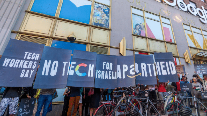 | Workers protest outside Googles New York City office on September 8 2022 Photo courtesy NoTechForApartheid | MR Online