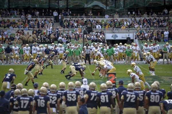  | Notre Dame and Navy line up on scrimmage during the NCAA Emerald Isle Classic college football season opener Photo by Peter D LawlorUS NavyWikimedia Commons | MR Online