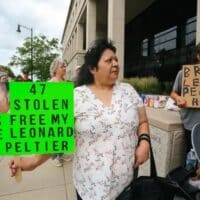 A rally in front of the Federal Courthouse in downtown Fargo on June 20, 2024. Leonard Peltier’s niece, Brenda Martinez, is pictured above.