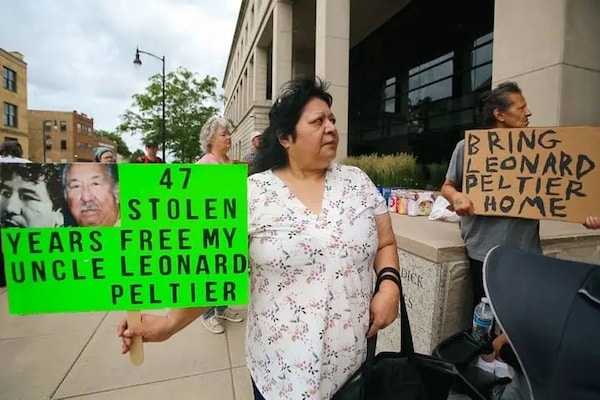 | A rally in front of the Federal Courthouse in downtown Fargo on June 20 2024 Leonard Peltiers niece Brenda Martinez is pictured above | MR Online