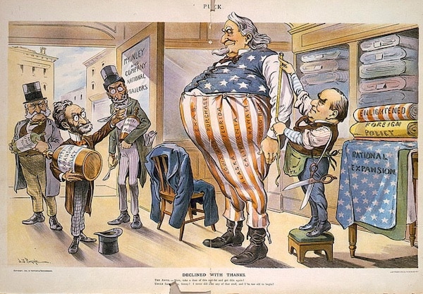 | Tailor President McKinley measures an obese Uncle Sam for larger clothing while Anti Expansionists like Joseph Pulitzer unsuccessfully offer Sam a weight loss elixir As the nation increased its imperialistic presence and mission many like Pulitzer worried that America would grow too big for its own good John S Pughe Declined With Thanks in Puck September 5 1900 Wikimedia | MR Online