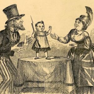 MR Online | Political cartoon published in July 1870 depicts Canada as a child with Great Britain represented as Mother Britannia holding out her protective arms Uncle Sam representing the United States stands on the other side ready to grab the child if it falls Image from Wikimedia Commons | MR Online