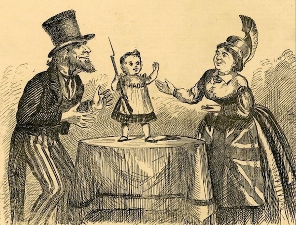  | Political cartoon published in July 1870 depicts Canada as a child with Great Britain represented as Mother Britannia holding out her protective arms Uncle Sam representing the United States stands on the other side ready to grab the child if it falls Image from Wikimedia Commons | MR Online