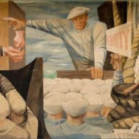 Refregier's controversial pro-labor mural shows men begging for jobs from a corrupt hiring boss. The figure at center could be union organizer Harry Bridges and the figures at right mourn two strikers killed on "Bloody Thursday," July 5, 1934, the day the police fired at strikers on Rincon Hill. Courtesy, Wikimedia Commons.