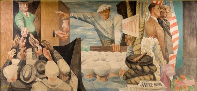 | Refregiers controversial pro labor mural shows men begging for jobs from a corrupt hiring boss The figure at center could be union organizer Harry Bridges and the figures at right mourn two strikers killed on Bloody Thursday July 5 1934 the day the police fired at strikers on Rincon Hill Courtesy Wikimedia Commons | MR Online