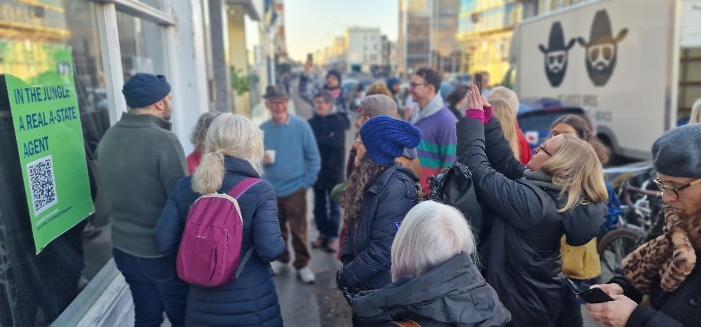 | People attend the shop in Hove to see Mualem Doron | MR Online's installation Villa in the Jungle in southern England (Gil Mualem-Doron)