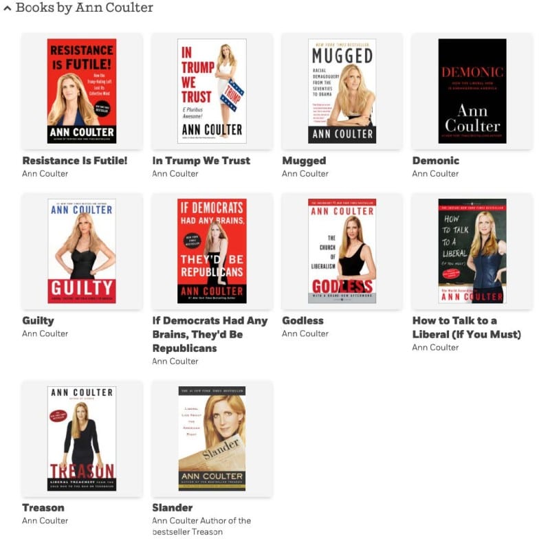 Screenshot from Penguin Random House website of books by Ann Coulter