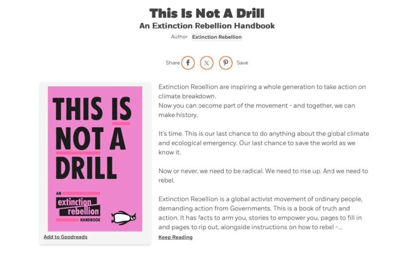 Screenshot of Penguin Random House webpage for This Is Not A Drill An Extinction Rebellion Handbook