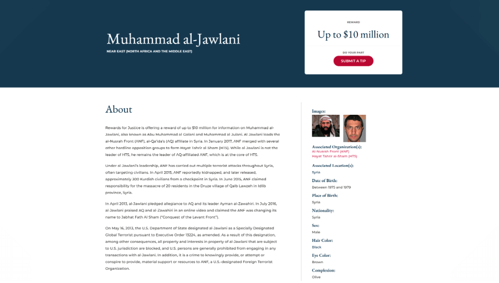 | A screenshot of the US government | MR Online's official website showing a $10 million reward for information on Abu Mohammad al-Julani.