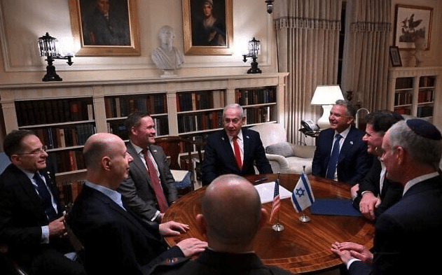 BENJAMIN NETANYAHU MEETS WITH NATIONAL SECURITY ADVISOR MIKE WALTZ LEFT AND STEVE WITKOFF TRUMPS MIDEAST ENVOY AT A MEETING ON FEBRUARY 3 2025 AT BLAIR HOUSE NEAR THE WHITE HOUSE PHOTO ISRAELI GOVERNMENT PRESS OFFICE