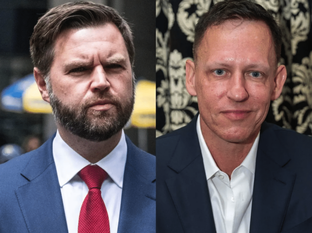 JD Vance and Peter Thiel who have been influenced by Yarvins writings Source newsyahoocom