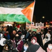 People in New York City's borough of Brooklyn protest against the 'selling' of land in the occupied West Bank by an Israeli real estate company, on 18 February (Haseeb Amin/Supplied)