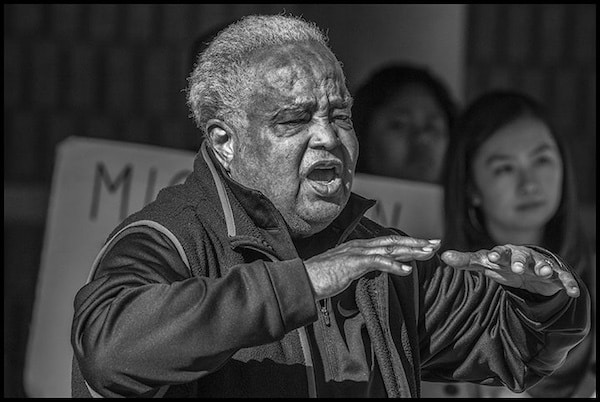 | RICHMOND CA Civil rights icon Rev Phil Lawson speaks against deportations as oeople of faith hold a vigil outside the Richmond Detention Center where immigrants were incarcerated before being deported not long after the first election of Donald Trump as US President Seven years of vigils and demonstrations finally forced Contra Costa County to cancel its contract with ICE and the Center was closed Lawson passed on January 28 at 92 Phil Lawson Presente | MR Online