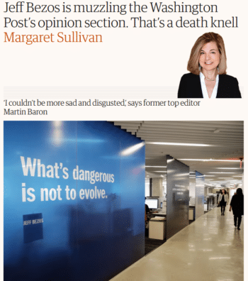 Margaret Sullivan Guardian 22625 I foresee a mass subscriber defection from an outlet already deep in red ink that must be something businessman Bezos is willing to live with