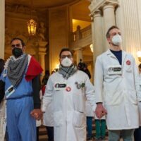 Healthcare workers hold a vigil at San Francisco City Hall to honor the healthcare workers who have been killed in Gaza. (Photo: John Avalos)