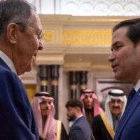 Russian Foreign Minister Sergei Lavrov and US Secretary of State Marco Rubio during their meeting at Diriyah Palace, in Riyadh, Saudi Arabia, on February 18, 2025. (AFP/SPA)