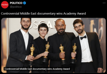 Politico 3225 rewrote an AP story and initially ran it under the headline Controversial Middle East Documentary Wins Academy Award revealing nothing about its content erasing the films name and deeming it controversial