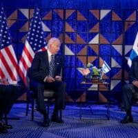 President Joe Biden and Secretary of State Antony Blinken, pictured with Israeli Prime Minister Benjamin Netanyahu in Tel Aviv, October 2023, are two of the top former US officials that the International Criminal Court is being asked to investigate. Miriam Alster UPI Photo