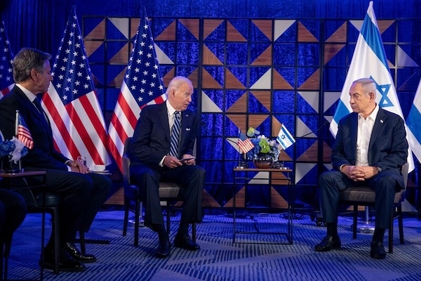 MR Online | President Joe Biden and Secretary of State Antony Blinken pictured with Israeli Prime Minister Benjamin Netanyahu in Tel Aviv October 2023 are two of the top former US officials that the International Criminal Court is being asked to investigate Miriam Alster UPI Photo | MR Online