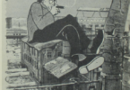 A late 1940s Soviet poster showing a US military service member lounging on top of a German factory, smoking a cigar. The text beneath reads DER DOLLARIMPERIALISMUS [dollar imperialism].