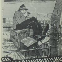 A late 1940s Soviet poster showing a US military service member lounging on top of a German factory, smoking a cigar. The text beneath reads DER DOLLARIMPERIALISMUS [dollar imperialism].