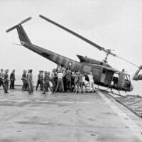 Iroquois helicopter pushed overboard from the USS Blue Ridge during the evacuation of Saigon, April 29, 1975.