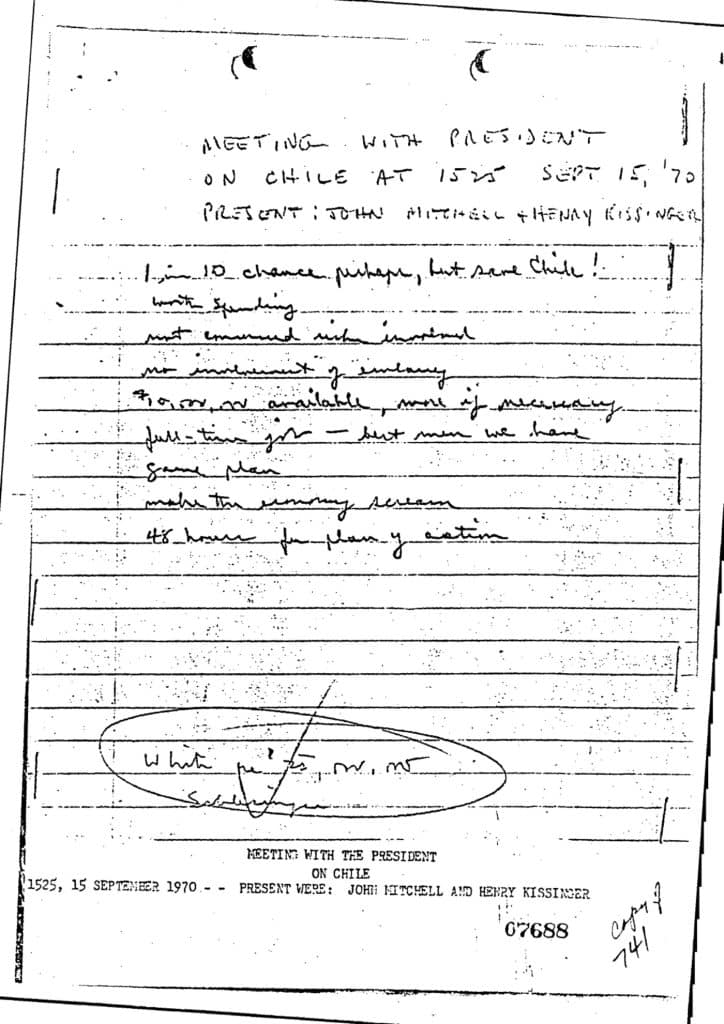 CIAHelmsNotesPage12724x1024 | MR Online CIA Director Richard Helms notes during a meeting with US President Richard Nixon about Chile at 1525 on 15 September 1970 with John Mitchell and Henry Kissinger present