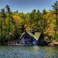 Boat house on Cameron Island on Lake Joseph in Muskoka