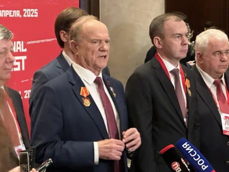 GennadyZyuganovCPRF461x346 | MR Online Gennady Zyuganov General Secretary of the Communist Party of the Russian Federation speaks to the press in Moscow during the Second International Antifascist Forum April 23 2025 | CJ Atkins Peoples World
