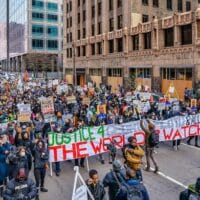 A march through downtown Minneapolis calling for justice for George Floyd on April 19, 2021, during jury deliberations in the Derek Chauvin trial. Credit: Wikimedia Commons.