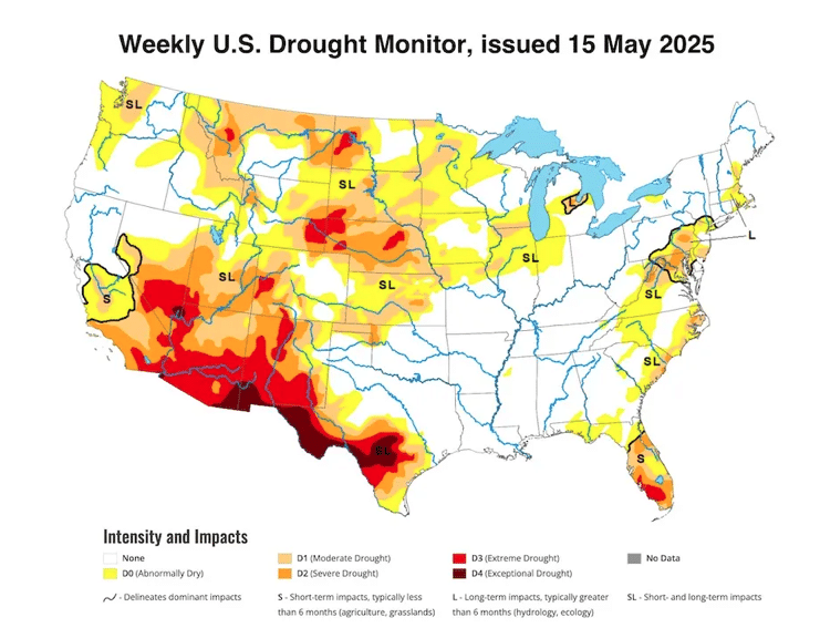 Screenshot 20250518 at 113504 AM | MR Online Figure 3 The US Drought Monitor weekly analysis issued on Thursday May 15 based on data through May 13 Image credit National Drought Mitigation Center