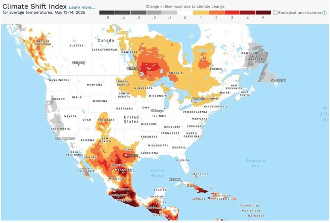 Screenshot 20250518 at 113539 AM | MR Online Figure 1 As assessed by Climate Centrals Climate Shift Index the extreme heat observed in average temperatures including highs and lows across the three day span of May 12 14 were made at least 50 more likely by long term climate change lightest tan over most of Mexico and Central America and parts of the central US and southern Canada The extreme heat was made 2 to 4 times more likely in sections of southeast Manitoba and western Ontario as well as southern Texas and more than 5 times more likely in much of southern Mexico Image credit Climate Central