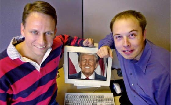 SouthAfricanBillionaires560x346 | MR Online A pair of South African billionaires who grew up in the apartheid era are working to spread fascism and foment racial tensions through shaping US foreign policy Here Peter Thiel left and Elon Musk pose in a photo to promote PayPal on Oct 20 2000 Back then they were pushing the latest dotcom today theyre pushing Trump and far right politics | Photos AP Design PW