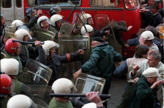 Yeltsinyearsprotest524x346 | MR Online The Yeltsin years Police attack workers during a May Day rally in Moscow on May 1 1993 The period of privatization and the transition to capitalism brought economic collapse for the Russian working class | Alexander Zemlianichenko AP