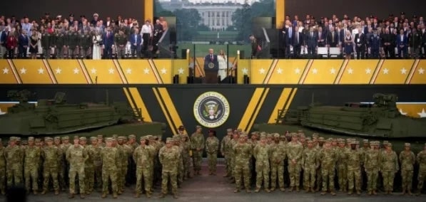 18 copy | MR Online At centre of the parade reviewing stand President Trump and his wife The June 14 parade not only celebrates the adoption of the Stars and Stripes as the US flag 1777 httpsenwikipediaorgwikiFlag Day United States but also the 250th anniversary of the establishment of the US Army 1775 httpsenwikipediaorgwikiUS Army 250th Anniversary Parade