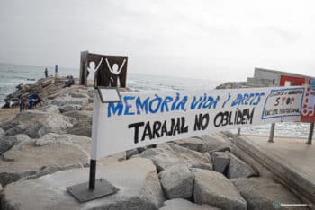 A banner at a memorial rally for victims of the 2014 massacre of migrants at Tarajal, 2021.