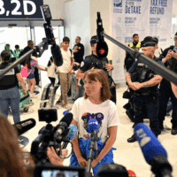 Swedish campaigner Greta Thunberg talks to journalists upon arrival at Roissy-Charles de Gaulle Airport, as she left the occupied territories on a flight to Sweden via France, after she was detained along with other activists aboard a Gaza-bound aid boat, June 10, 2025. (Photo by AFP)