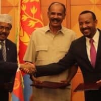Then Somali President Mohammed Abdullahi Mohammed, Eritrean President Isaias Afwerki, and Ethiopian Prime Minister Abiy Ahmed after signing a regional cooperation agreement in 2018.