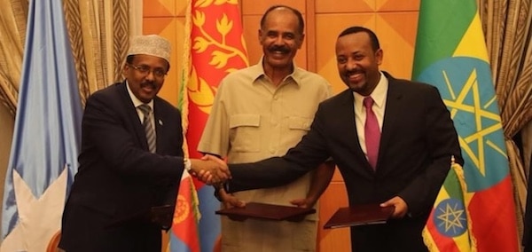 MR Online | Then Somali President Mohammed Abdullahi Mohammed Eritrean President Isaias Afwerki and Ethiopian Prime Minister Abiy Ahmed after signing a regional cooperation agreement in 2018 | MR Online