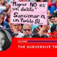 "Migration is not a crime, sanctioning a people is,” from a protest in Caracas.